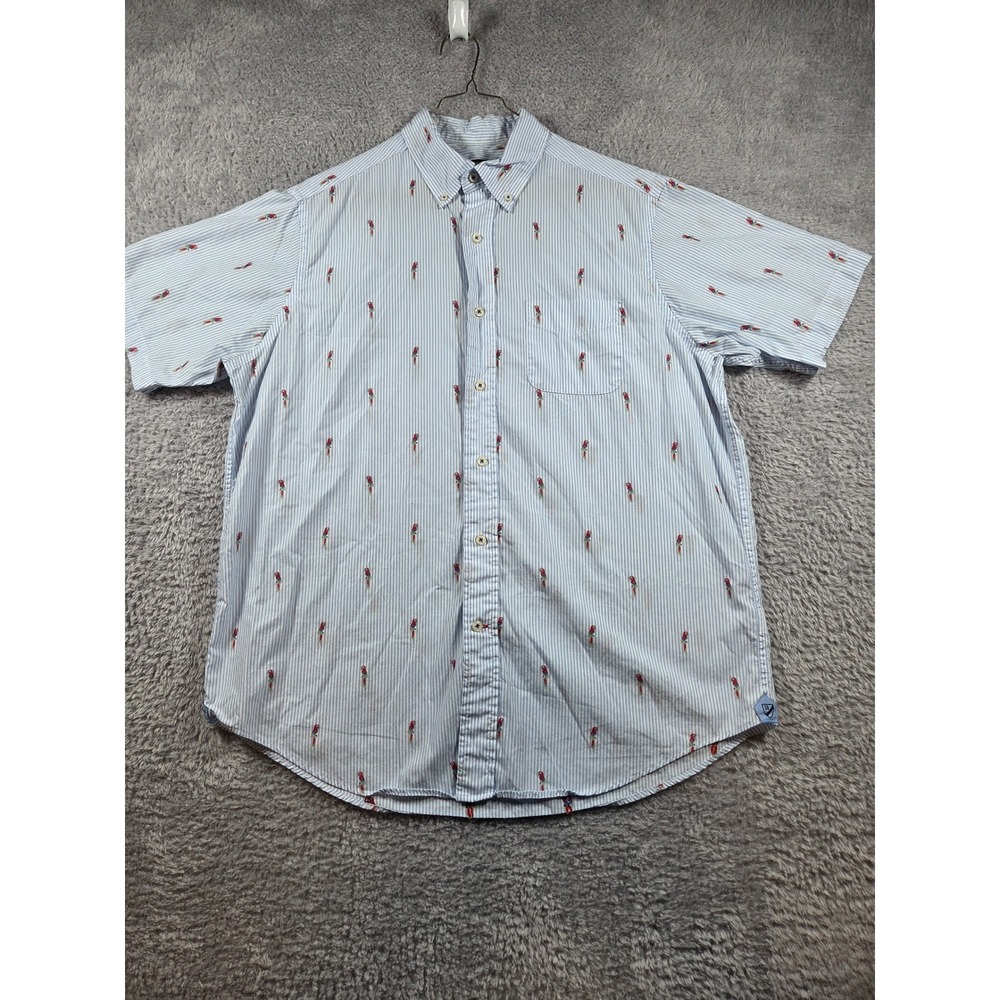 Cremieux Button Down Shirt Large Blue Mens Short Sleeve Parrot Stripe Cotton